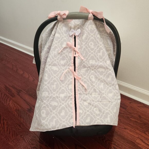 Unique Handmade Car Seat Canopy Cover Elephants Grey Pink Girls Ties OS - Picture 3 of 5